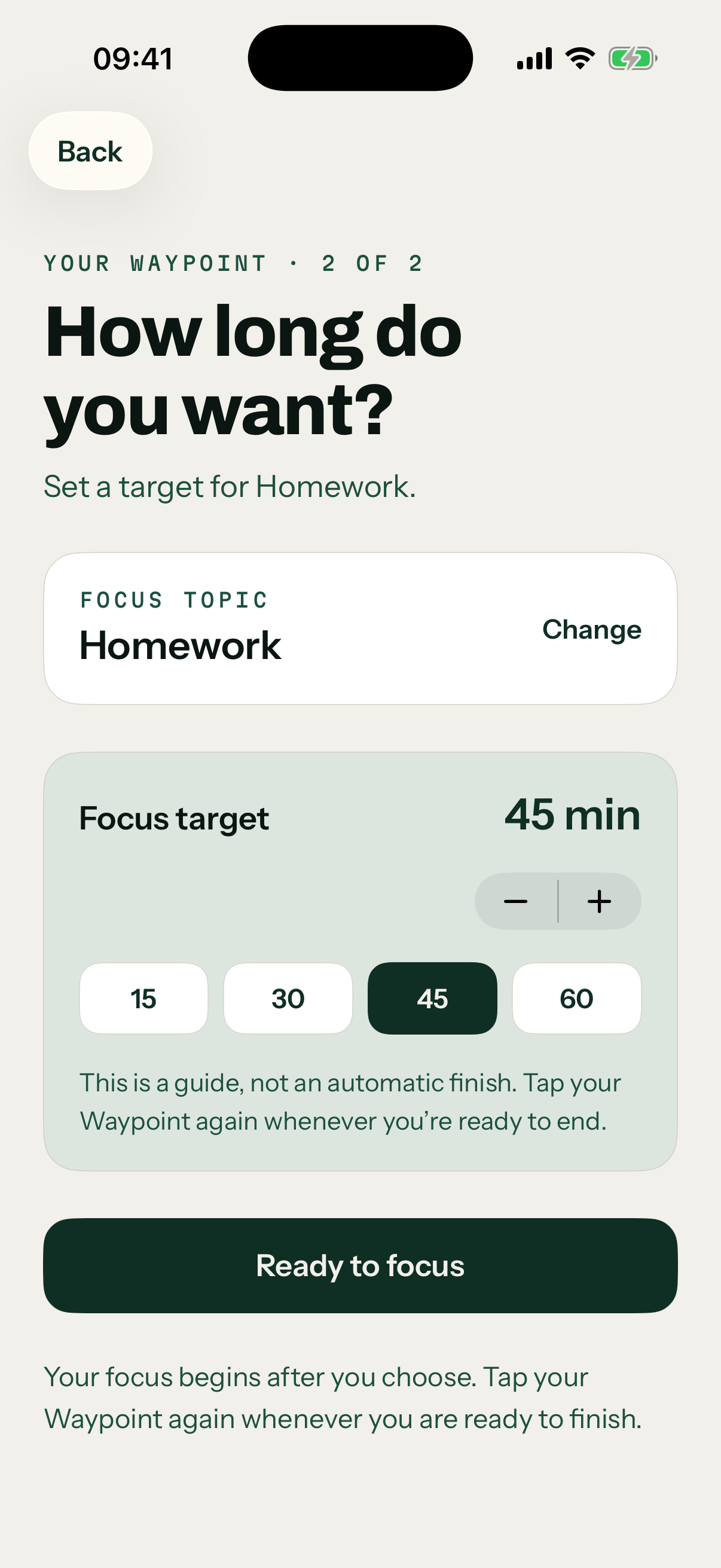 Waypoint app focus duration selection